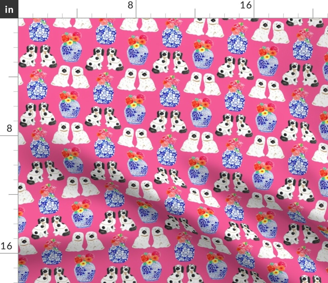 Chinoiserie Preppy Floral Dogs Southern Vases Watercolor Ginger Jars Custom Printed Fabric by Spoonflower Various Fabrics by the Yard or Fat Quarter